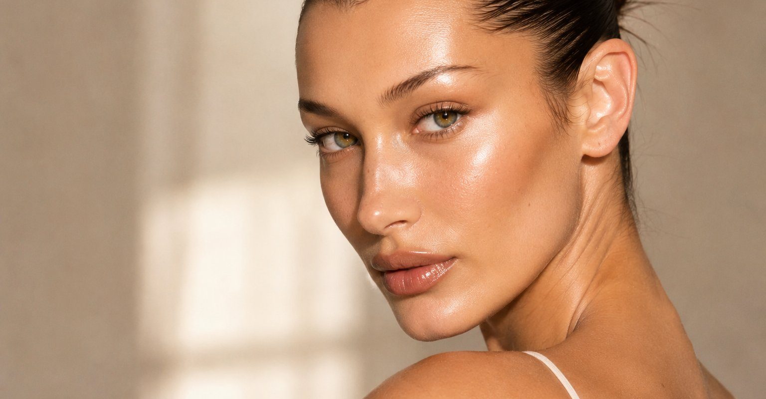 Portrait de Bella Hadid mettant en valeur sa peau lumineuse, son teint naturel et son maquillage minimaliste inspirant les tendances beauté.