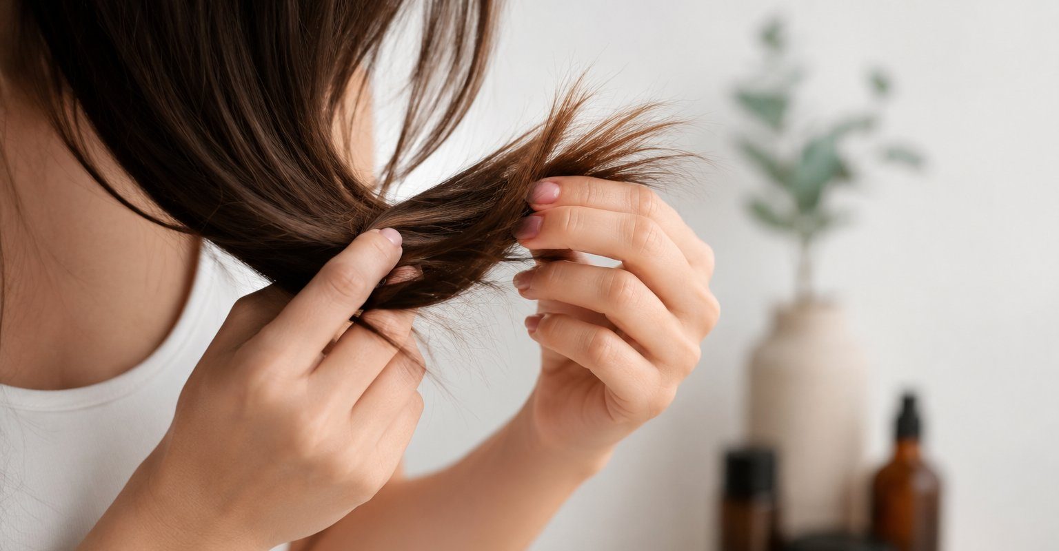 Femme examinant des pointes de cheveux sèches et abîmées à domicile
