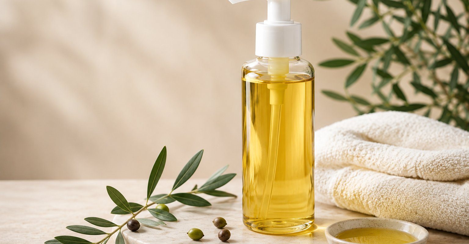 Huile nettoyante visage dans un flacon pompe avec serviette et branches d'olivier pour une routine skincare douce et efficace