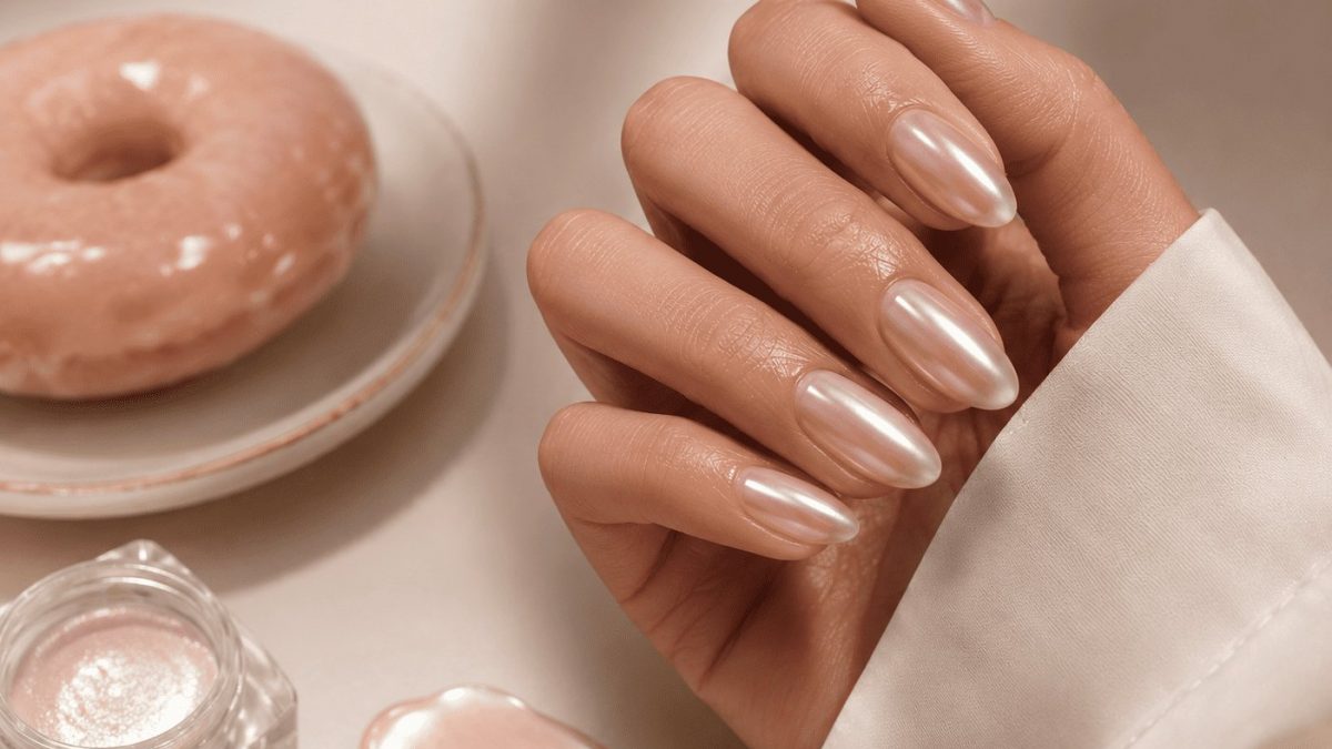 Manucure Glazed Donut Nail inspirée de Hailey Bieber avec finition nacrée brillante sur ongles en forme d'amande.