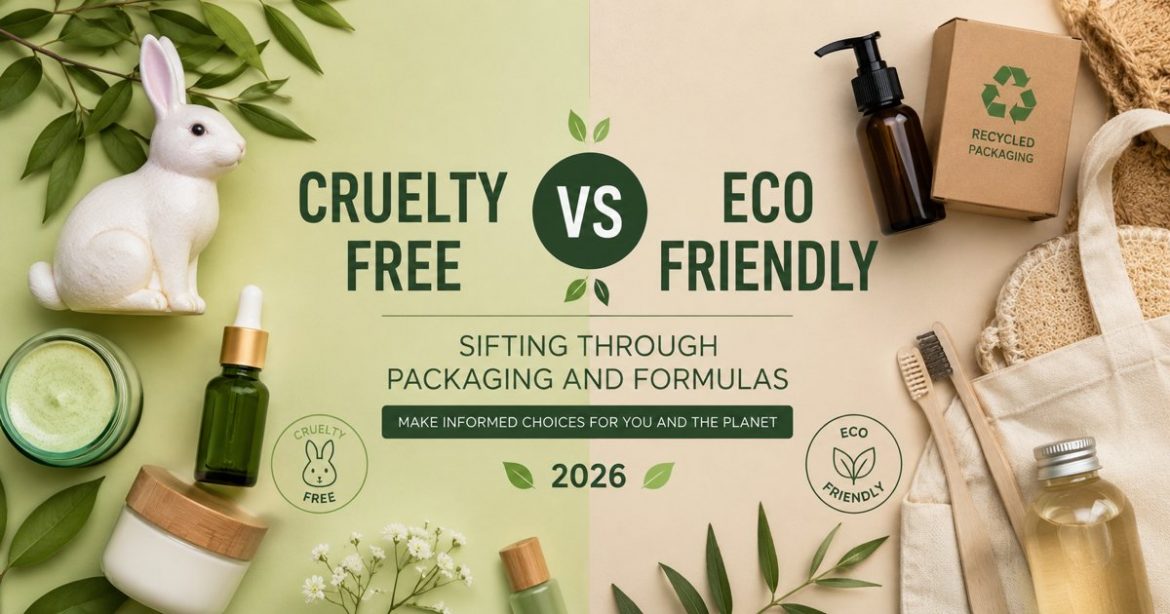Cruelty-free vs eco-friendly beauty products comparison with sustainable packaging and ethical cosmetics