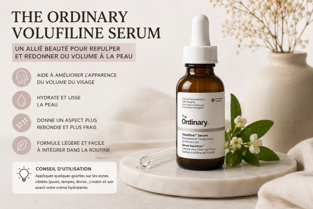 The Ordinary Volufiline Serum présenté dans son flacon, soin conçu pour repulper l’apparence de la peau et améliorer visuellement les volumes du visage.
