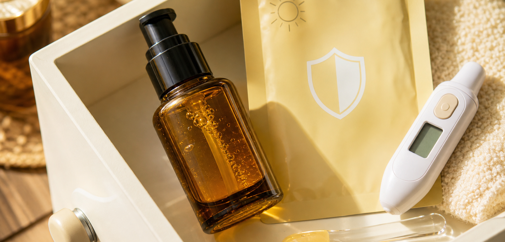 Flacon ambré de sérum vitamine C et goutte de texture dorée, illustrant la prévention de l’oxydation par stockage à l’abri de la lumière