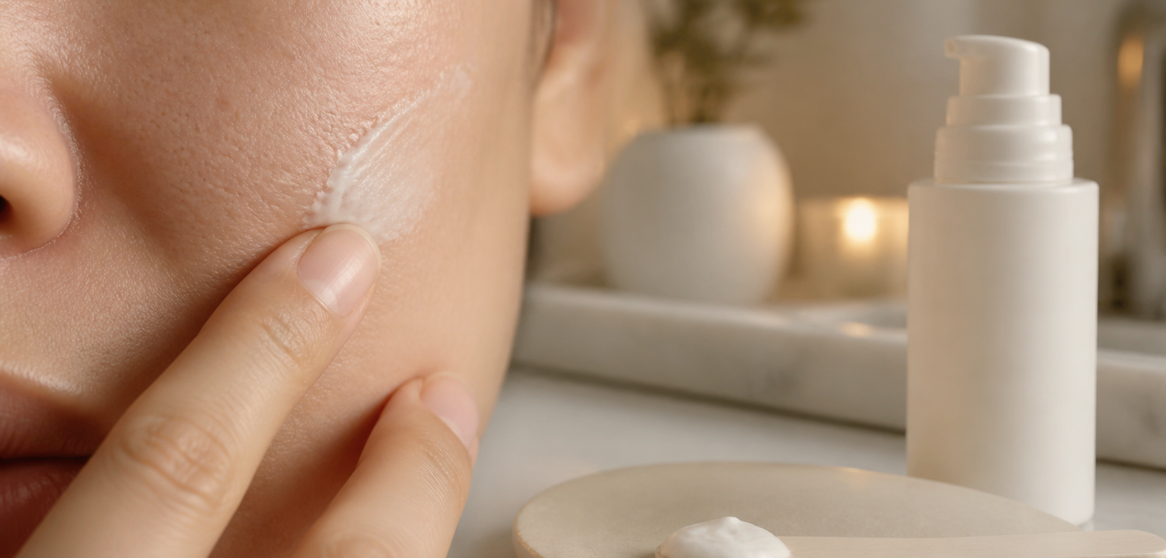 Application d’une fine couche d’acide azélaïque sur une zone avec pores visibles et petites imperfections sous-cutanées