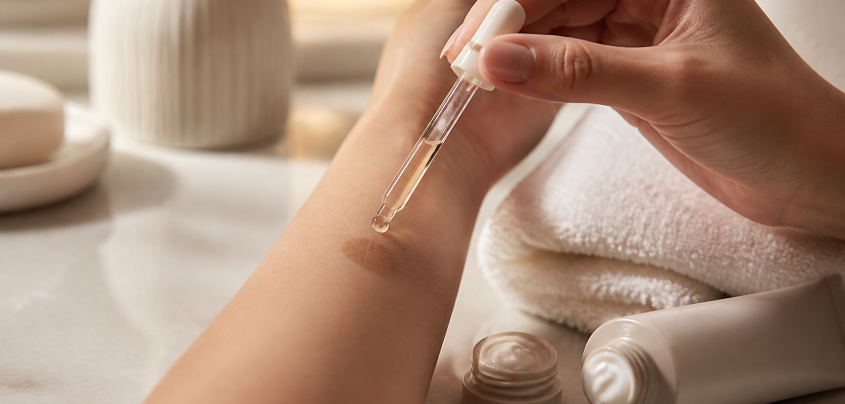 Application localisée d’acide kojique sur une tache brune avec une pipette, avec une crème barrière à côté pour peau sensible