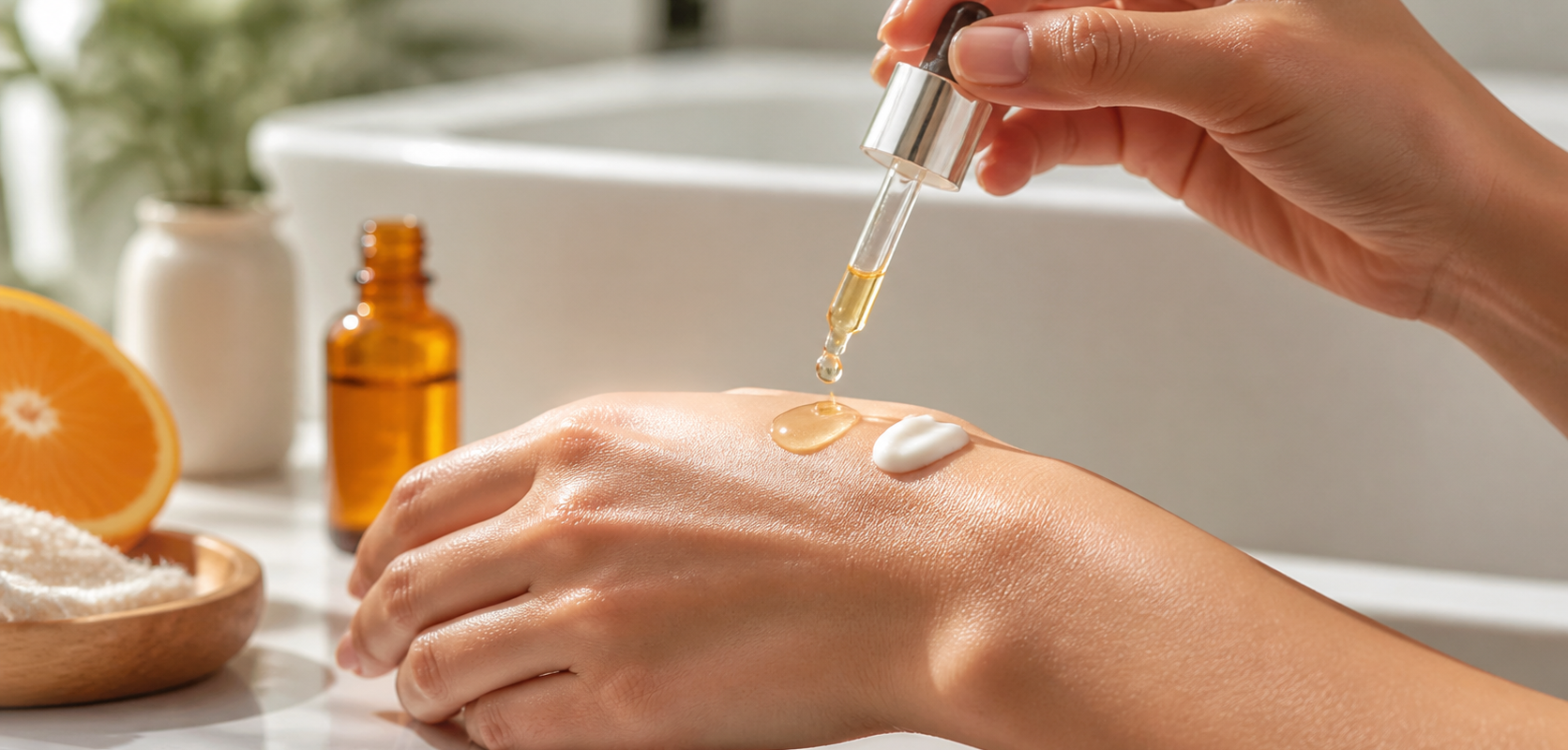 Gros plan sur une goutte de sérum à la vitamine C et une noisette de crème solaire, prêtes à être superposées le matin sans pelucher