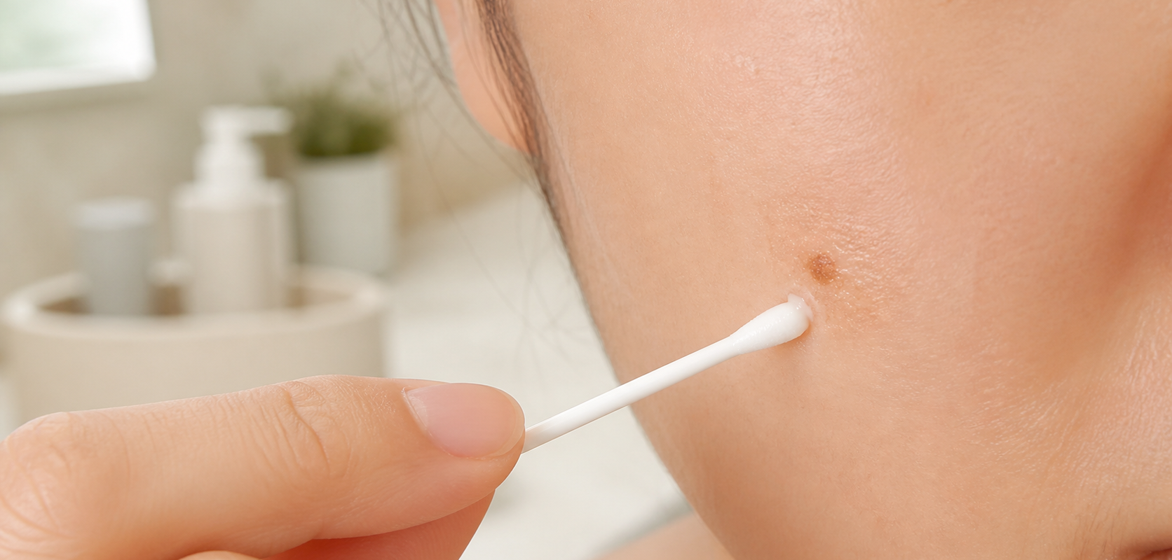 Application localisée d’acide kojique sur une tache du visage avec un léger halo pour éviter l’effet patch