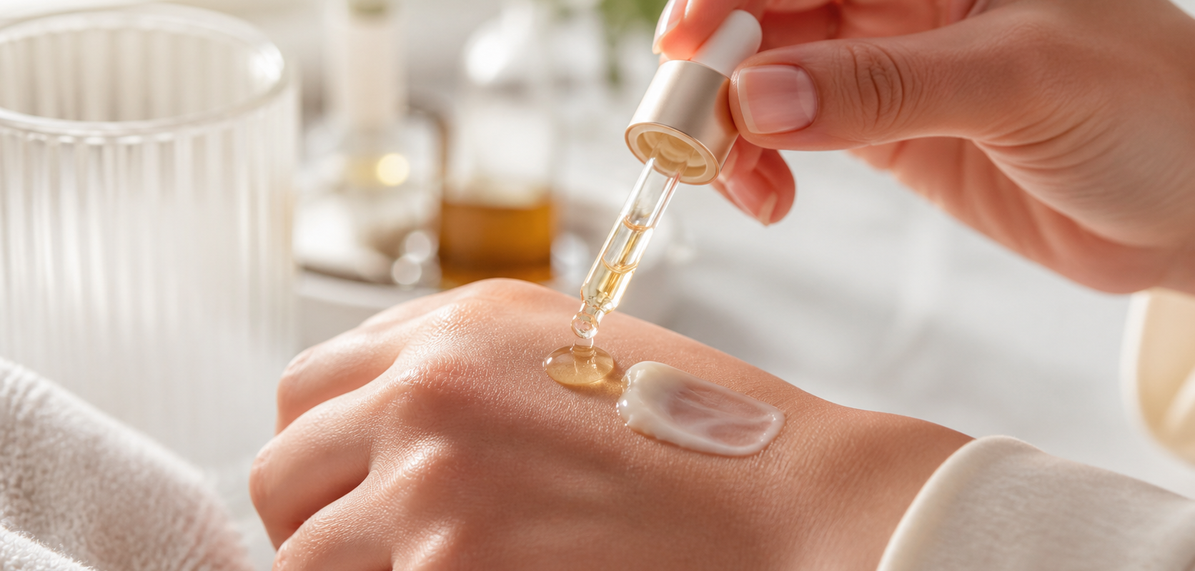 Application d’un sérum à la vitamine C avec une pipette à côté d’une crème riche, pour une routine peau déshydratée sans tiraillement
