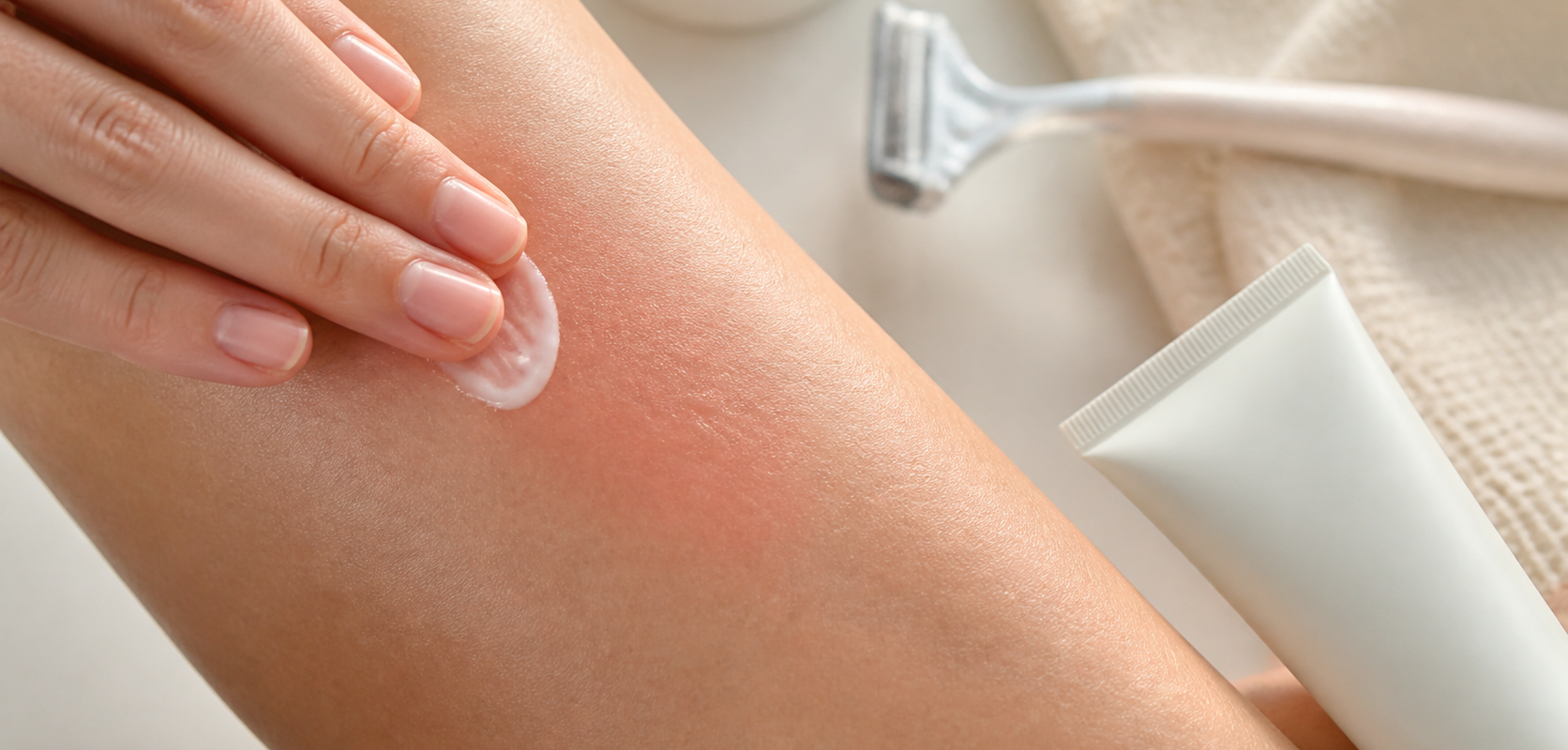 Application d’une fine couche de crème à l’acide azélaïque sur une peau légèrement rouge après rasage