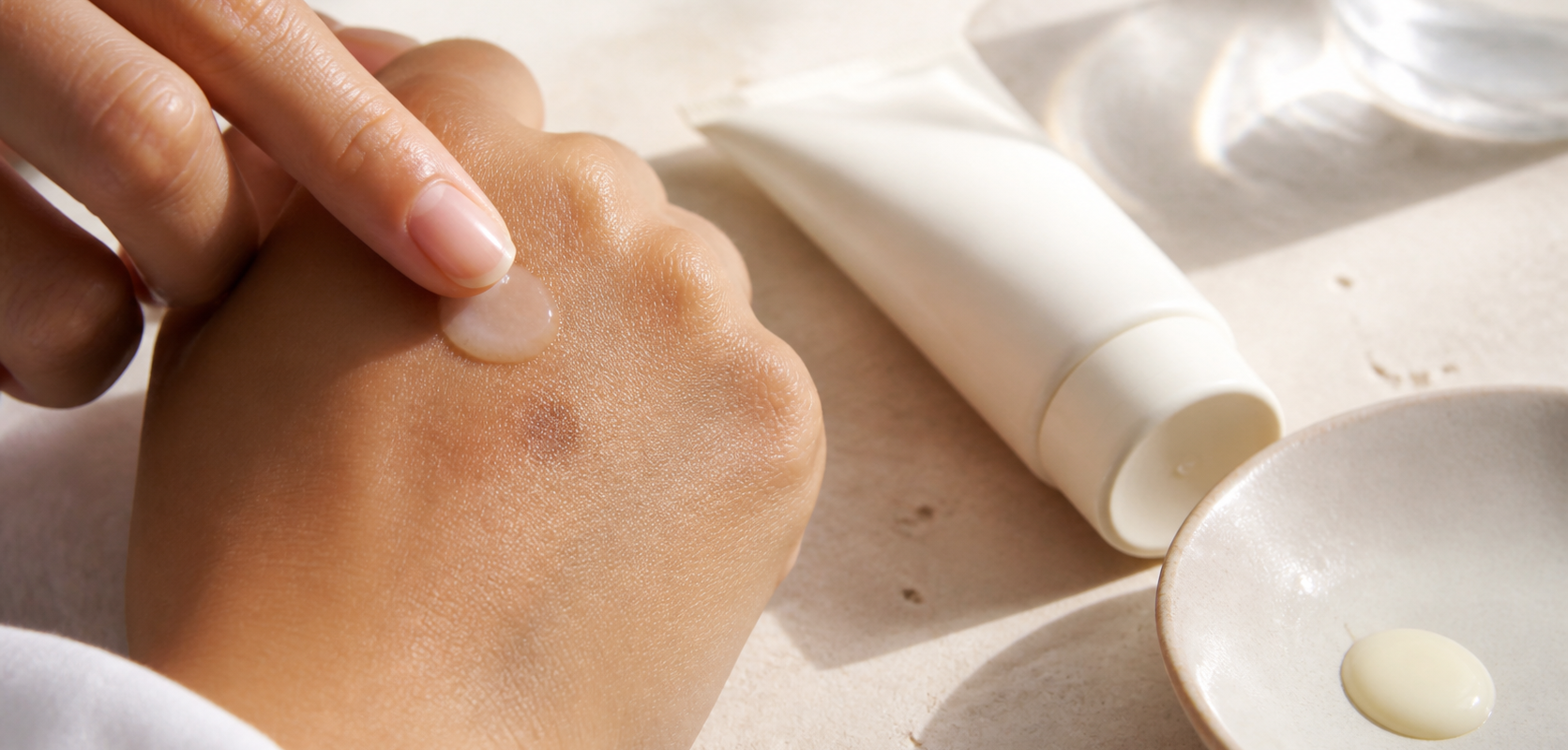 Application ciblée d’un soin à l’acide kojique sur une tache brune, avec une crème solaire à proximité pour éviter le retour de l’hyperpigmentation