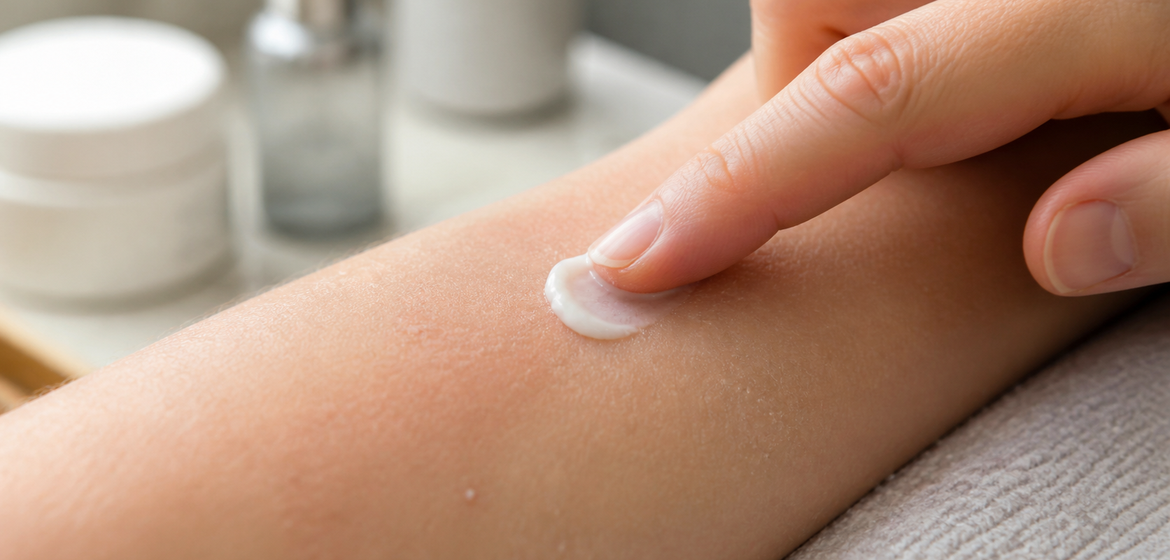 Application en petite quantité d’une crème à l’acide azélaïque sur peau sèche et sensible, pour introduction progressive