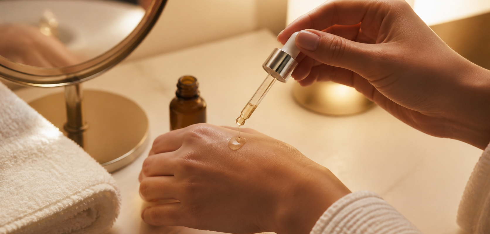Application d’un sérum à la vitamine C le soir à la pipette, lumière chaude et ambiance routine nocturne