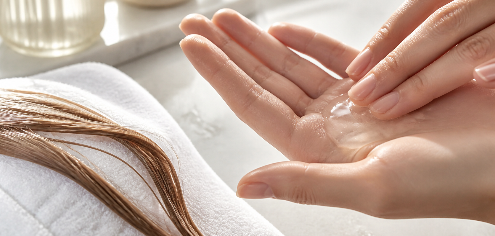 Texture gel d’un shampoing hydratant dans la main, à côté d’une mèche de cheveux fins pour illustrer l’hydratation sans alourdir