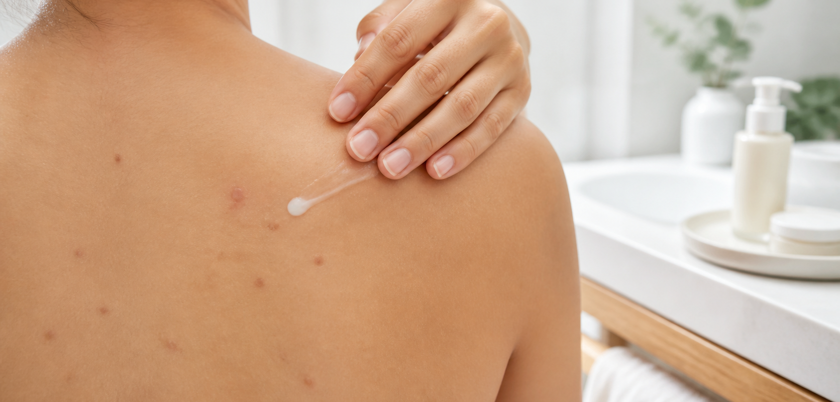Application ciblée d’un soin à l’acide kojique sur des taches post-boutons du haut du dos