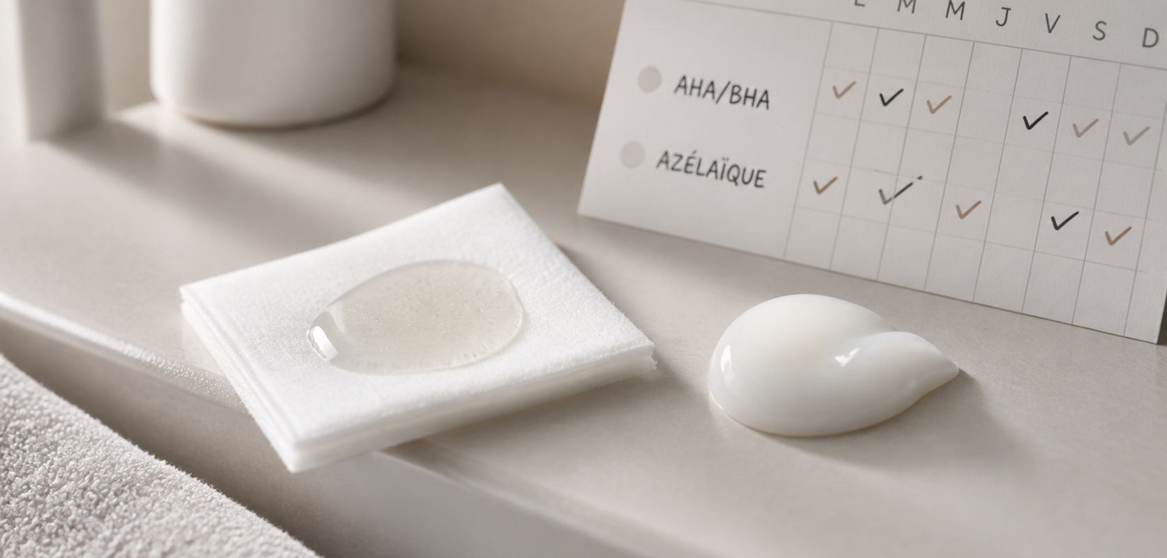 Textures d’exfoliant AHA/BHA et de soin à l’acide azélaïque posées côte à côte pour illustrer une routine en alternance le soir
