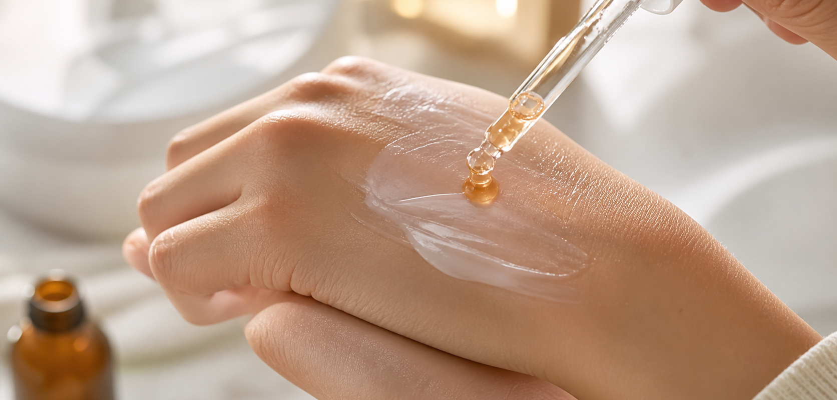 Application d’un sérum à la vitamine C sur peau sensible avec une couche de crème pour limiter les picotements