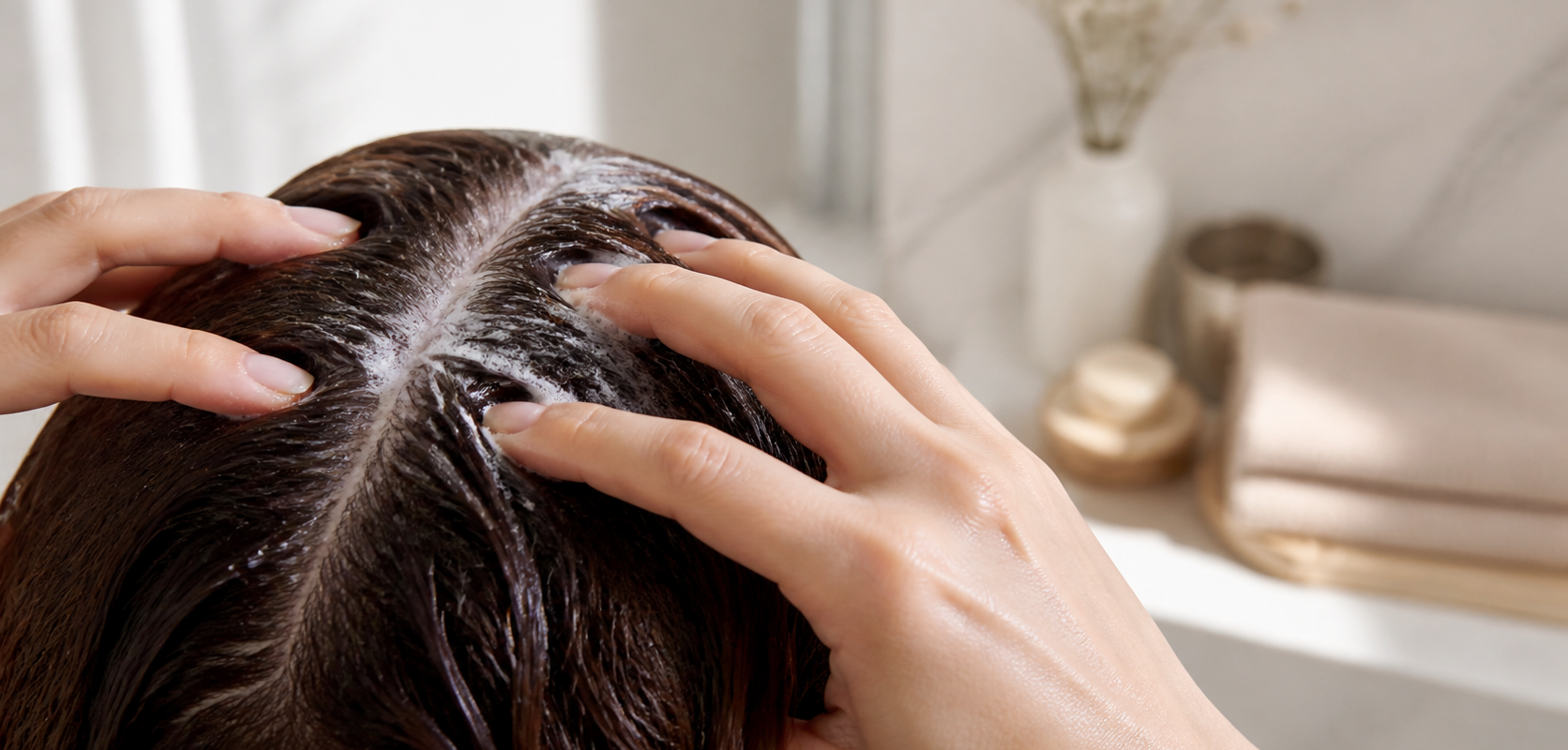 Application d’un shampoing hydratant sur le cuir chevelu avec des longueurs sèches en arrière-plan