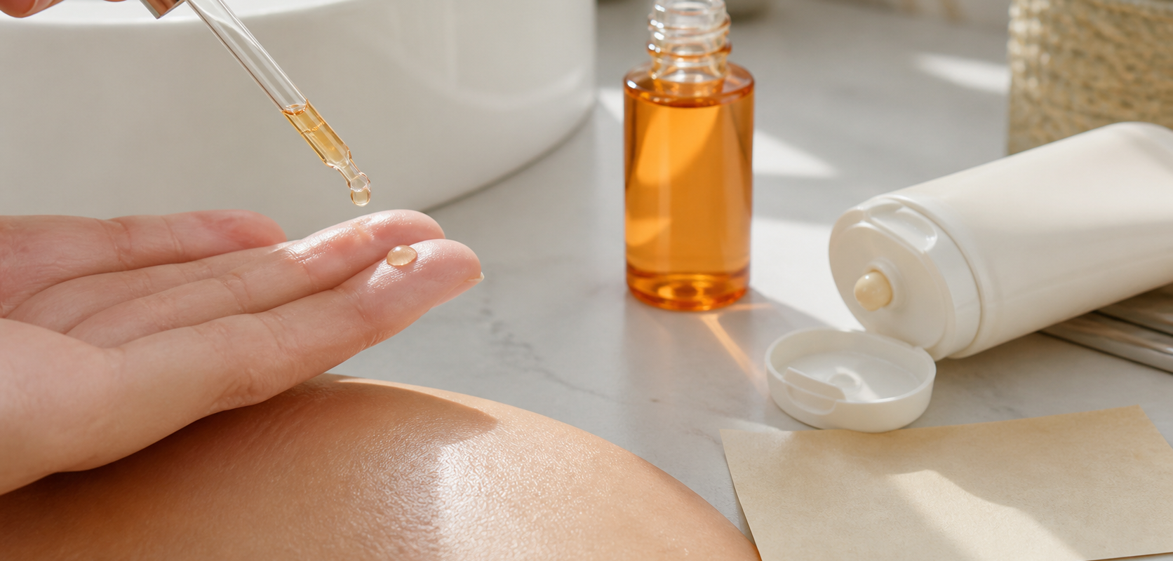 Sérum à la vitamine C appliqué en fine quantité le matin pour limiter la brillance de la zone T
