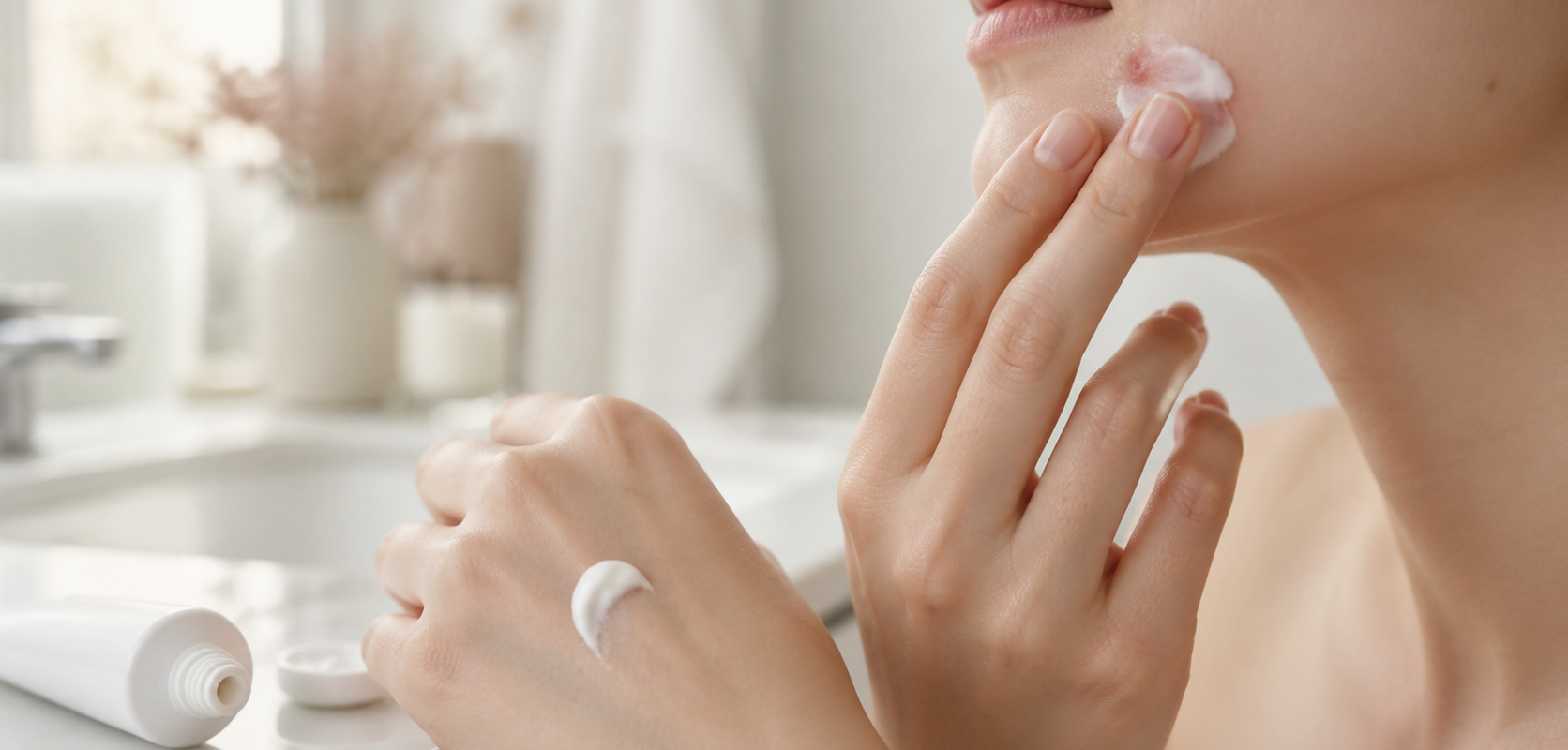 Application d’une fine couche d’acide azélaïque sur une tache post-bouton, texture crème en gros plan