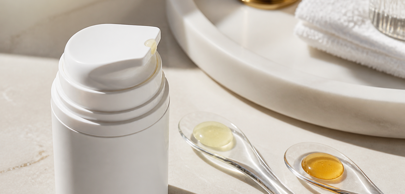 Gros plan d’un sérum à la vitamine C avec deux gouttes, l’une jaune pâle et l’autre ambrée, pour illustrer l’oxydation et l’importance du packaging