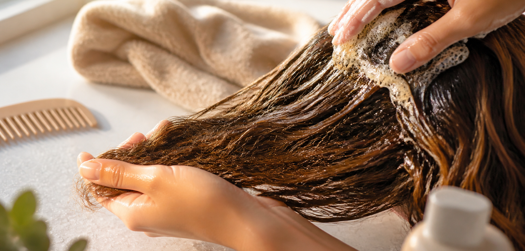 Application d’un shampoing hydratant sur des cheveux très poreux, en ciblant les racines sans frotter les longueurs